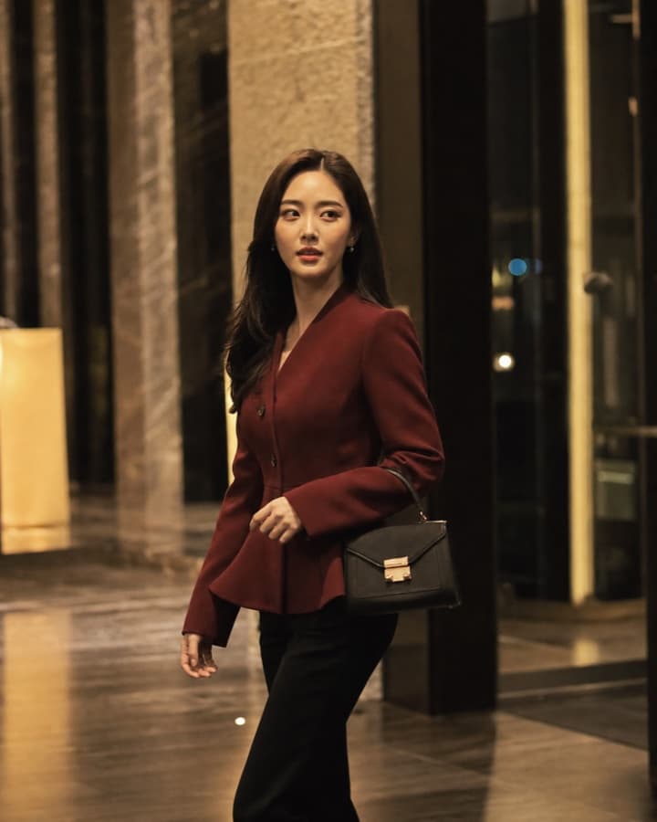 Woman in a wine jacket carrying a black top-handle bag